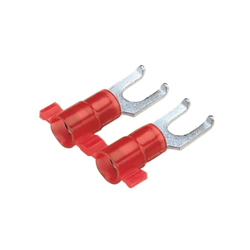 Flanged Fork Terminal, vinyl insulated, funnel entry, plastic insulation crimp, 22 - 18 AWG wire range, #8 stud size.
