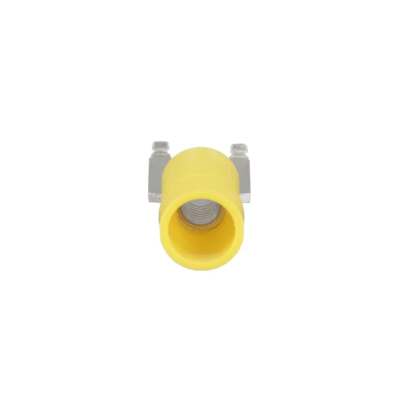 Flanged Fork Terminal, vinyl insulated, funnel entry, plastic insulation crimp, 12 - 10 AWG wire range, #10 stud size.