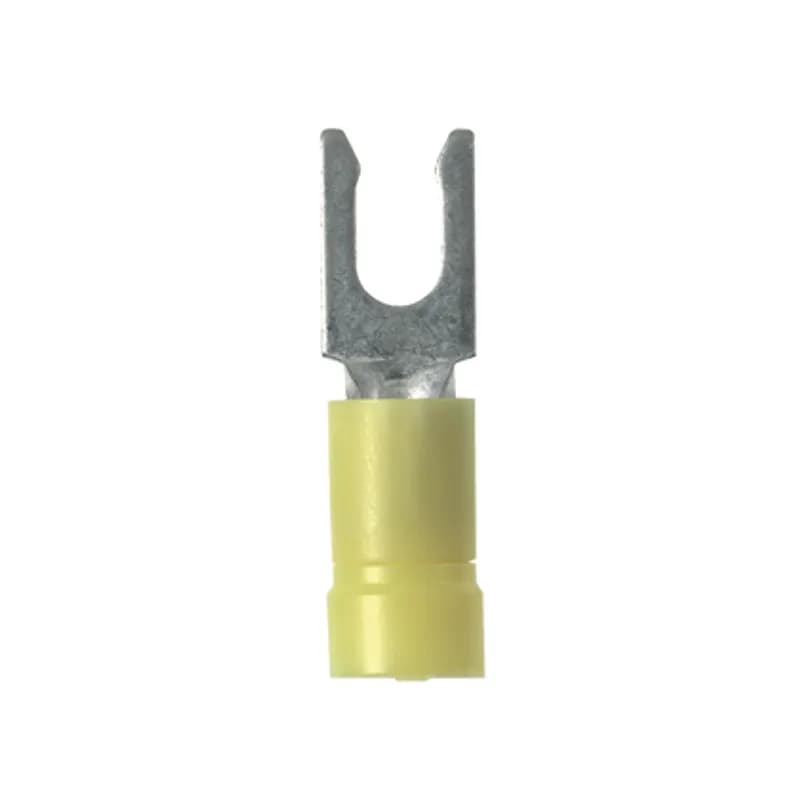 Locking Fork Terminal, vinyl insulated, funnel entry, butted seam, 12- 10 AWG, #6 stud size, standard package.