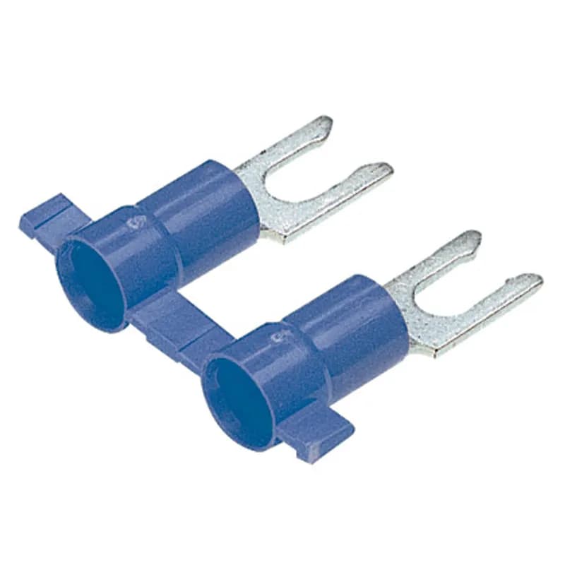 Locking Fork Terminal, vinyl insulated, funnel entry, plastic insulation crimp, 16- 14 AWG wire range, #8 stud size.