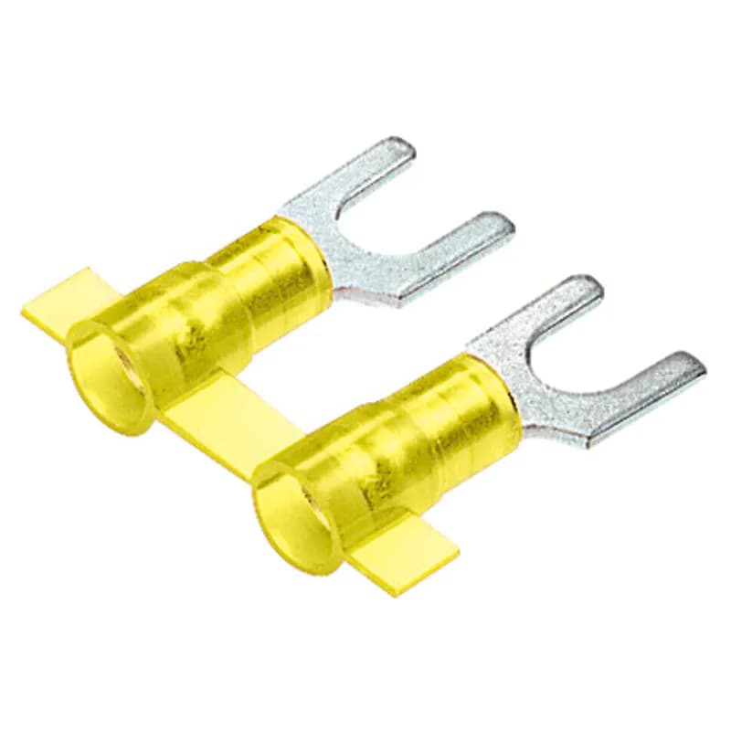 Fork Terminal, nylon insulated, funnel entry, metal insulation grip sleeve, 12 - 10 AWG wire range, #8 stud size.