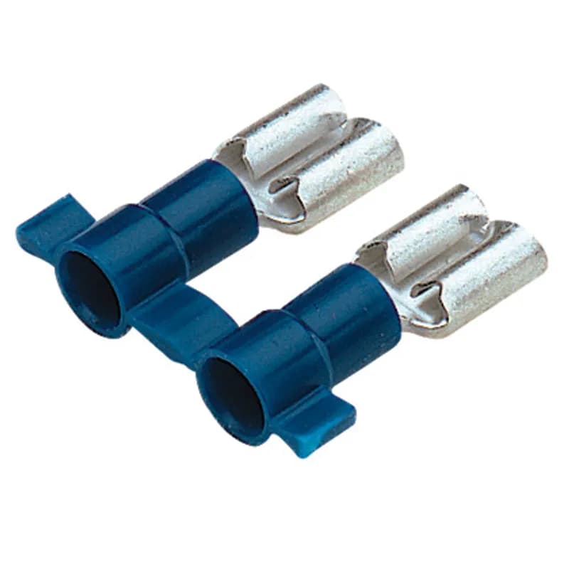 The vibration resistant female disconnect is made of brass and is tin-plated. It is barrel insulated in blue vinyl housing. It has a tab size of 0.187/0.205 x 0.032" (4.8/5.2 x 0.8 mm) and supports a wire range of 16-14 AWG (1.5-2.5 mm ). It is 0.77" (19.6 mm) long and 0.25" (6.4 mm) wide. The disconnect has a funnel entry barrel configuration and a butted seam barrel. It comes in reels of 3000.
