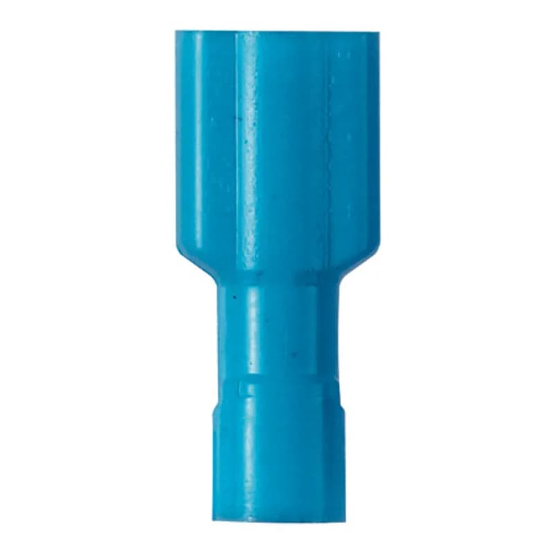 The vibration resistant DiscoGrip female disconnect is made of brass and is tin-plated. It is fully insulated in blue premium nylon housing. It has a tab size of 0.250 x 0.032" (6.3 x 0.8 mm) and supports a wire range of 16-14 AWG (1.5-2.5 mm ). It is 0.84" (21.3 mm) long and 0.33" (8.4 mm) wide. The disconnect has a funnel entry barrel configuration and a butted seam barrel. It comes in boxes of 1000.