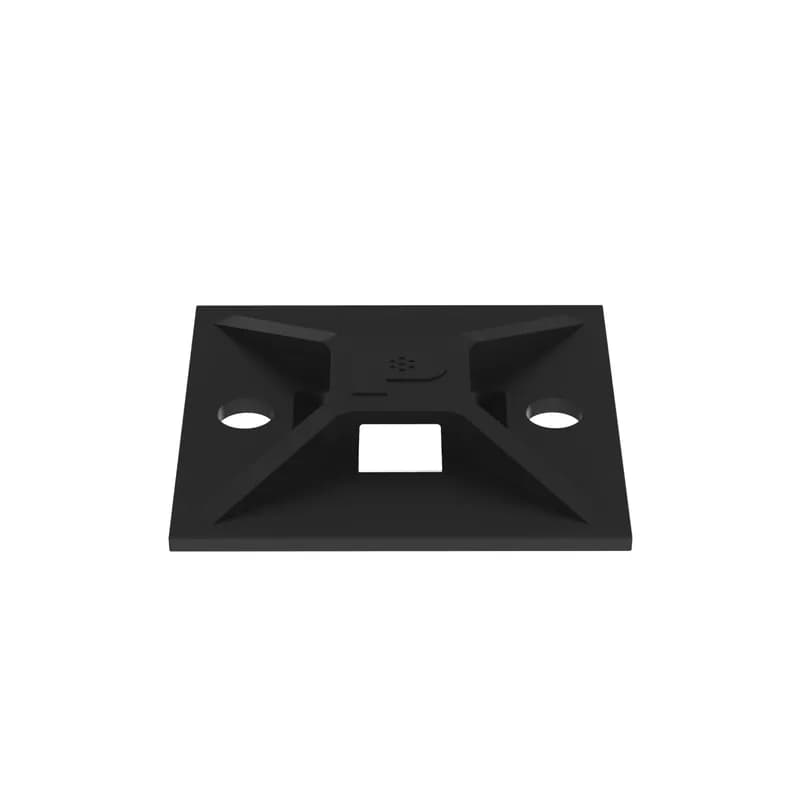 Panduit s ABM2S-A-C0 4-way rubber-based adhesive backed cable tie mounts have been designed for fast installation and long-term performance and reliability. They are made of Weather Resistant ABS plastic. These mounts can be used with miniature, intermediate, and standard cable ties and are designed for indoor environments. They are 1" x 1" (25.4mm x 25.4mm), supplied in strips of 2, are black in color and come in packages of 100.