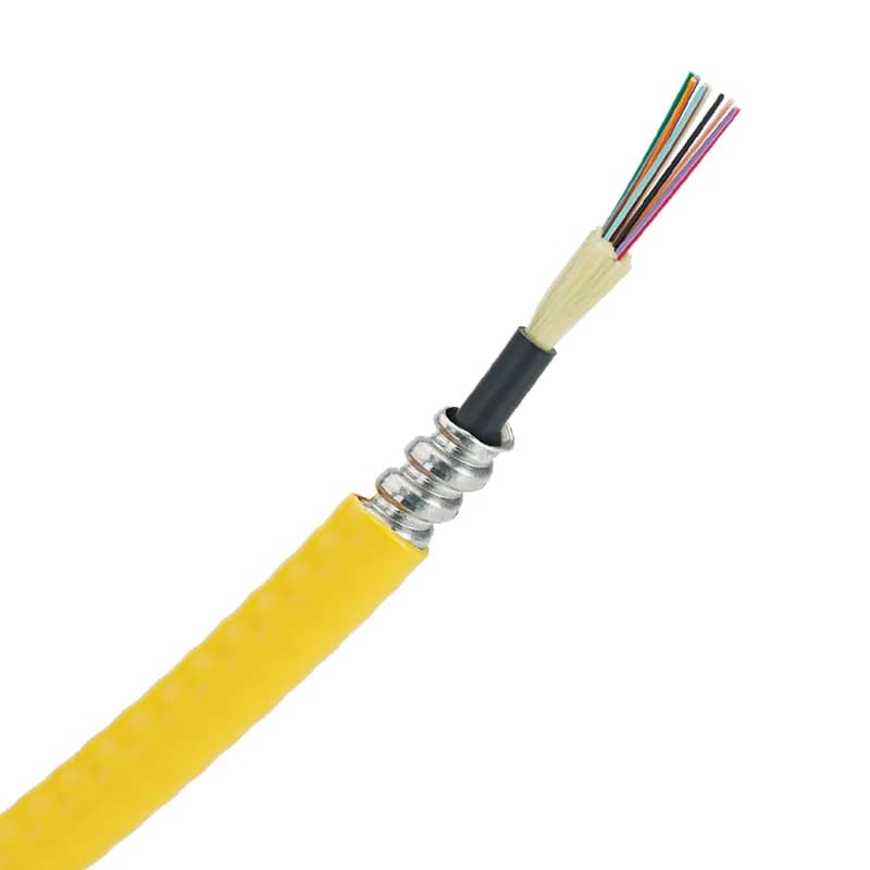 The 12 fiber indoor/outdoor armored tight buffered cable is OM1, Riser (OFCR) rated and features features 900 buffered fibers.