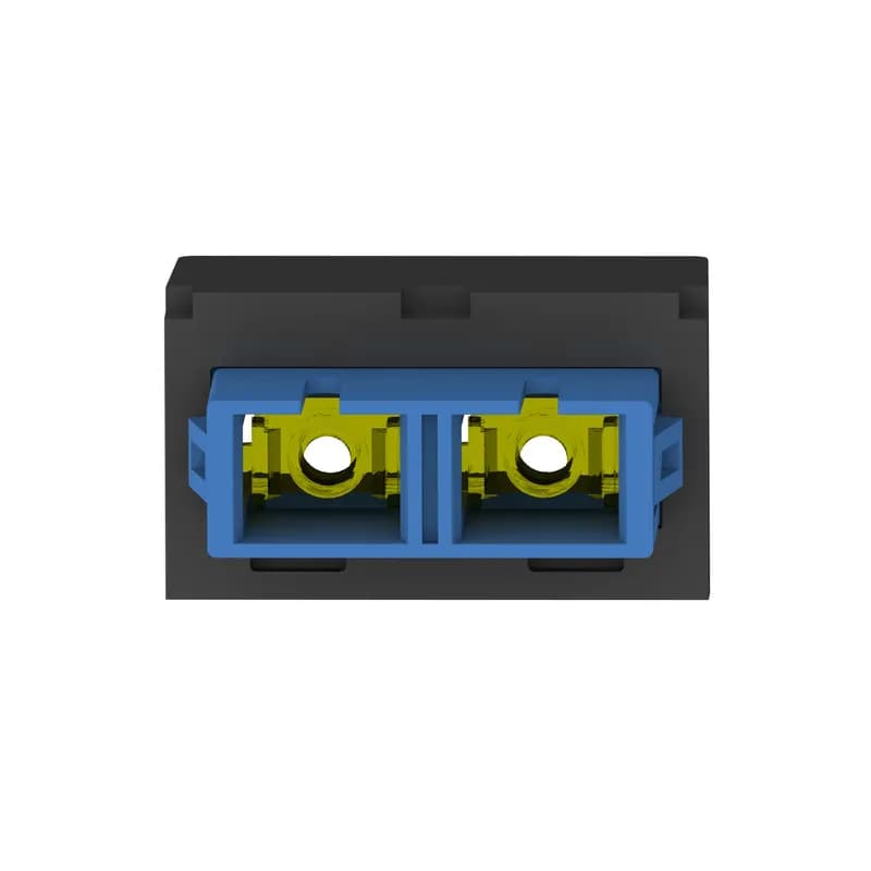 The Mini-Com Singlemode Duplex SC Adapter is a small form factor (SFF) adapter with integrated panel retention clips and are TIA/EIA-605 FOCIS-10 compatible. It couples two SC duplex connectors in two Mini-Com module spaces and features a blue fiber adapter along with a black module and has zirconia split sleeves.