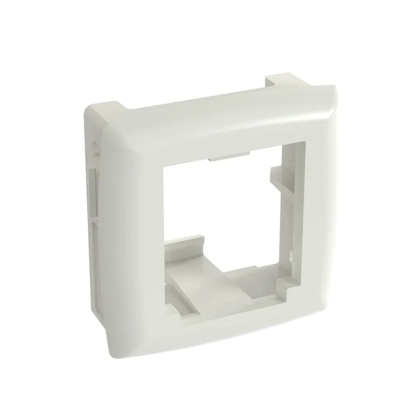 This Mini-Com Adapter snaps into a 1 inch x 1 inch (25mm x 25mm) opening, accepts one Mini-Com Module, and is off white.
