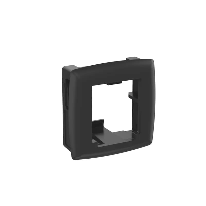 This Mini-Com Adapter snaps into a 1 inch x 1 inch (25mm x 25mm) opening, accepts one Mini-Com Module, and is black.