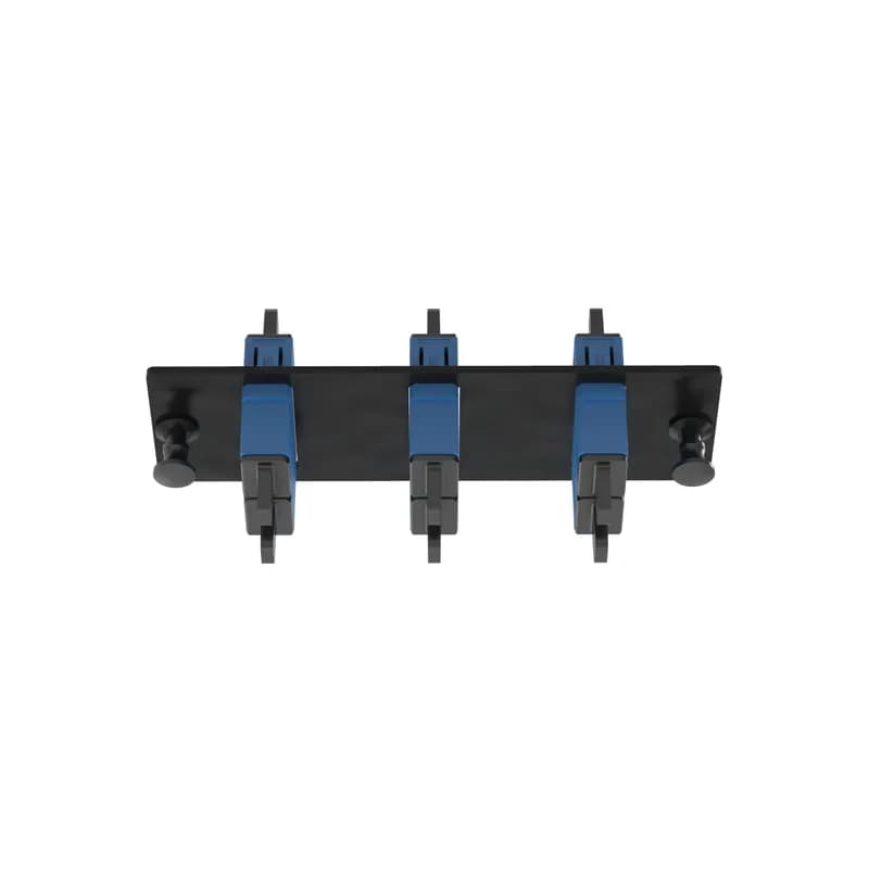 The Opticom SC fiber adapter panel is OS2 and is loaded with 3 SC duplex fiber optic adapters. The fiber optic adapters are blue with zirconia split sleeves.