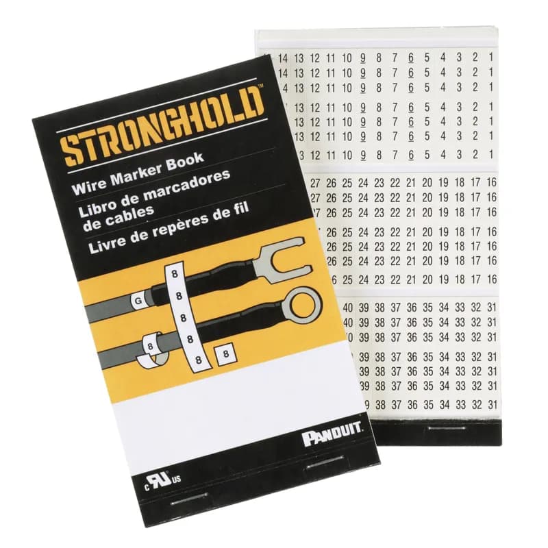 Panduit PCMB-15 - StrongHold PCMB-15 Pre-Printed Wire Marker Books are conveniently pocket-sized and contain wire labels printed on vinyl cloth. Markers are durable enough for up to 5 years and are designed to withstand various outdoor environments. They can also be torn in half to label each end of the conductor. Legend: +,-,0-45, 1/15 markers per legend, and 11 pages per book.