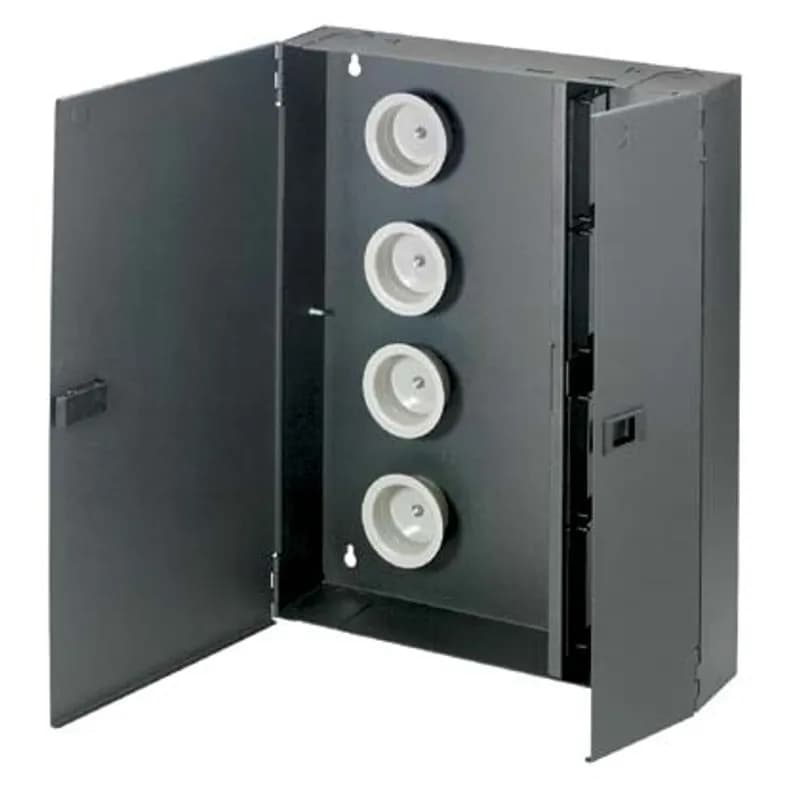 The Panduit Opticom Wall Mount Fiber Enclosure is designed to manage and organize fiber distribution when space is limited. It features 8 FAP/cassette slots and can be used as an interconnect or cross-connect in any telecommunications room and can use any standard FAP or FMP series adapter panel. It is compatible with most Panduit Mini-Com , ST, SC, and Coax products. It features 8 FAP/cassette slots, is made with steel and comes in black. 16.11 H x 20.25"W x 3.52 D (409.2mm x 514.2mm x 89.4mm)