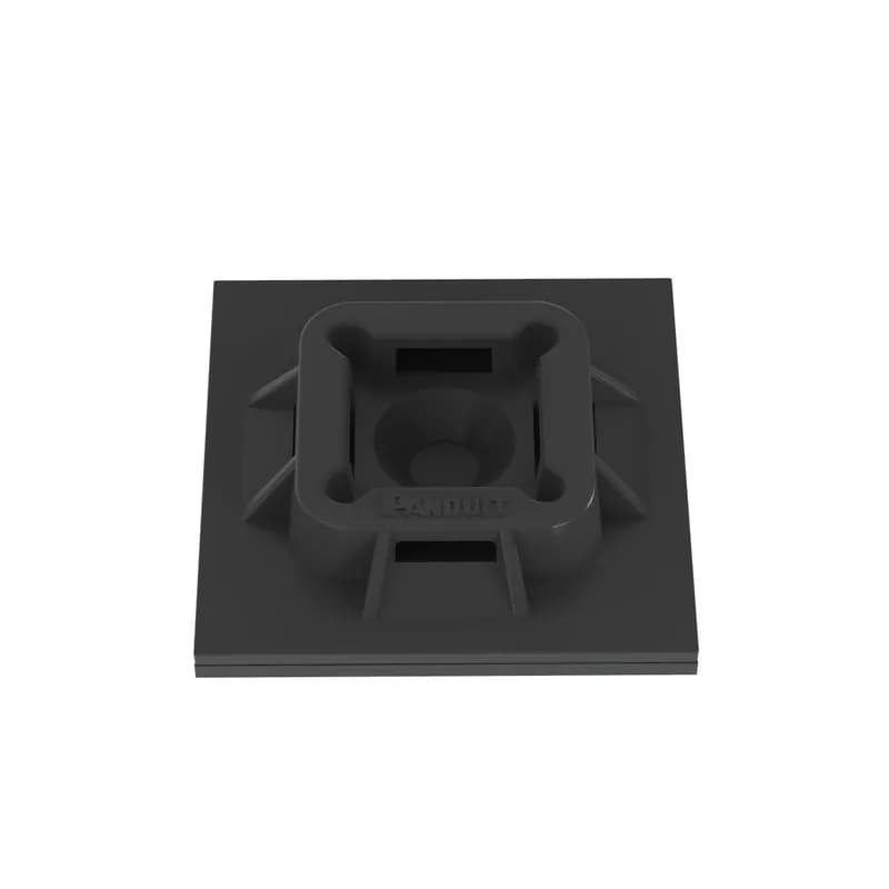 Panduit s ABM100-AT-D0 4-way acrylic-based adhesive backed cable tie mounts have been designed for fast installation and long-term performance and reliability. They are made of Weather Resistant Nylon 6.6. These mounts can be used with miniature, intermediate, and standard cable ties and are designed for outdoor, high-temperature environments. They are 1" x 1" (25.4mm x 25.4mm), supplied in strips of 2, are black in color and come in packages of 500.