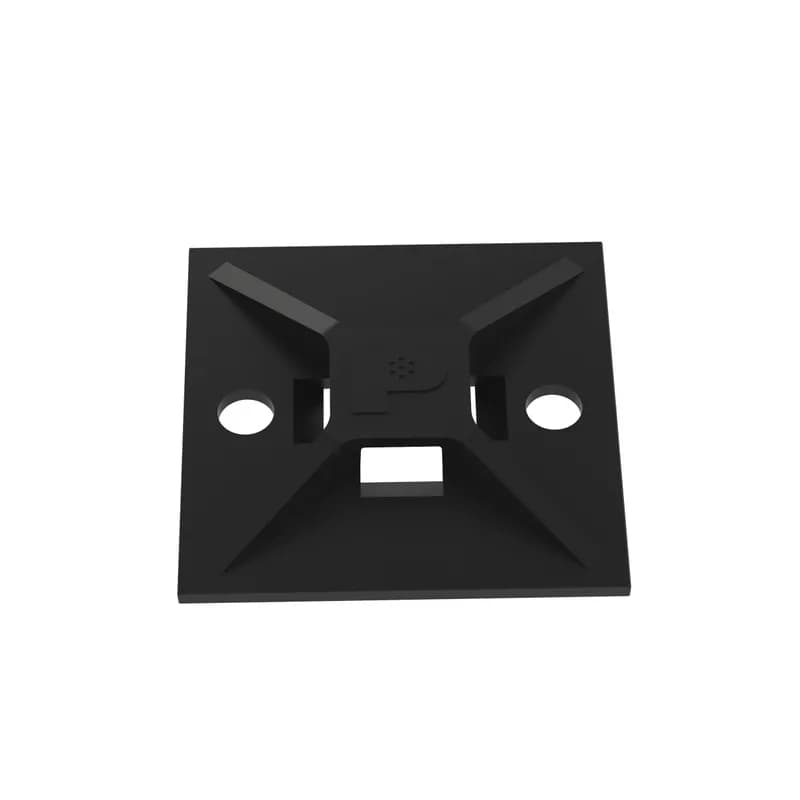 Panduit ABM112-AT-C0 - Panduit s ABM112-AT-C0 4-way acrylic-based adhesive backed cable tie mounts have been designed for fast installation and long-term performance and reliability. They are made of Weather Resistant Nylon 6.6. These mounts can be used with miniature, intermediate, and standard cable ties and are designed for outdoor, high-temperature environments. They are 1.12" x 1.12" (28.6mm x 28.6mm), supplied in strips of 2, are black in color and come in packages of 100.