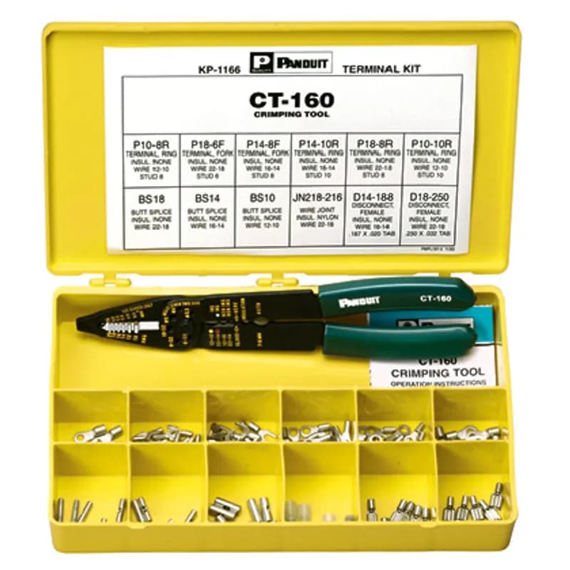 Panduit KP-1166 - Includes the following: (18) P18-8R; P14-10R; P18-6F; P14-8F; (10) P10-8R; P10-10R; BS18; BS14; BS10; D18-250; D14-188; (5) JN218-216; (1)ct-160 tool; KP-1000 box