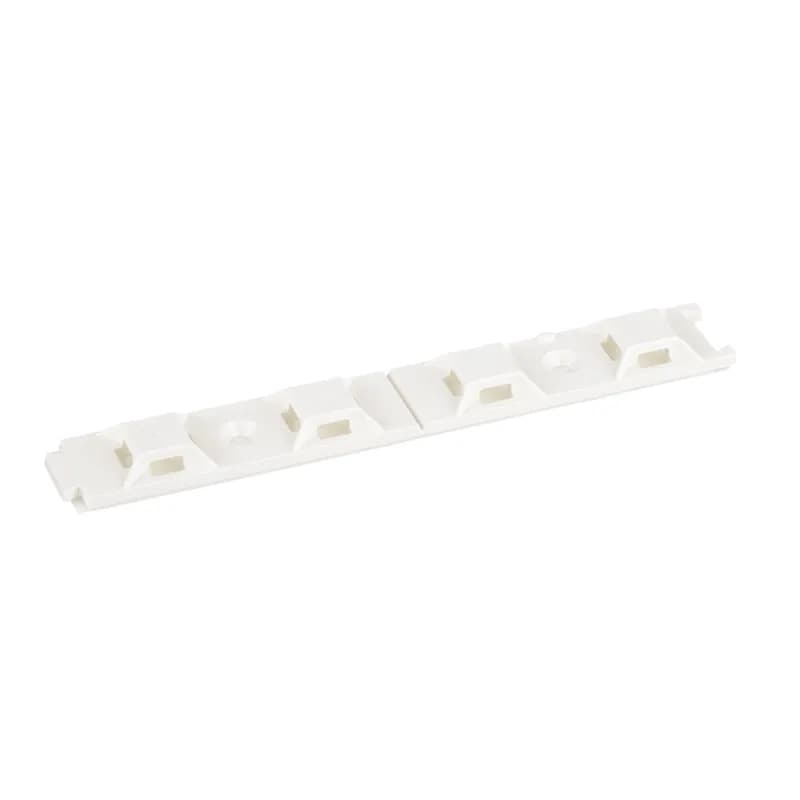 Panduit s ABMQS-A-C multiple bridge adhesive backed cable tie mounts have 4-way cable tie entry making part orientation fast and easy. They are made of ABS plastic, are mounted with rubber adhesive tape and have a hole spacing of 2.5" (63.5 mm). The mounts are 5.1" long x 0.75" wide (130.3 x 19.0 mm). They can be used with miniature, intermediate, and standard cable ties and are designed for indoor environments. They are white in color and come in packages of 100.