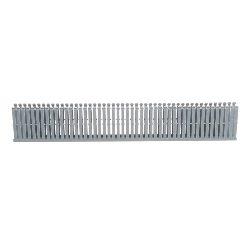 The F1X4LG6 Panduct Lead-Free PVC Narrow Slot Wiring Duct features a narrow slot/finger design that closely matches the spacing of high-density components. Upper and lower scorelines allow for easy finger/sidewall section removal. UL 94 flame class of V-0 with a UL recognized continuous-use temperature up to 122 F (50 C). Mounting holes provided. Lead-free PVC. 1" x 4" (25.4 mm x 101.6 mm) and 6' (1.83 m) long. Cover sold separately. Color Light Gray.