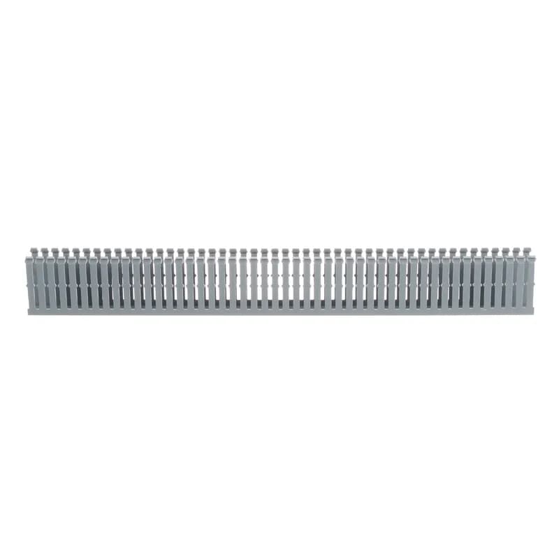 The F1X3LG6 Panduct Lead-Free PVC Narrow Slot Wiring Duct features a narrow slot/finger design that closely matches the spacing of high-density components. Upper and lower scorelines allow for easy finger/sidewall section removal. UL 94 flame class of V-0 with a UL recognized continuous-use temperature up to 122 F (50 C). Mounting holes provided. Lead-free PVC. 1" x 3" 25.4 mm x 76.2 mm) and 6' (1.83 m) long. Cover sold separately. Color Light Gray.