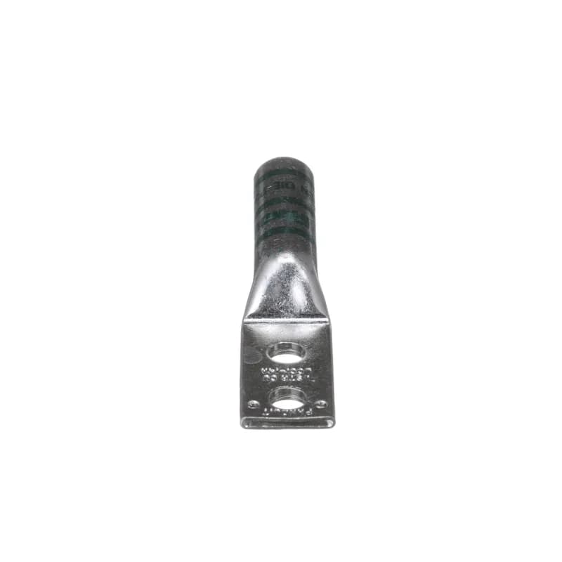 Two-hole, long barrel lug, #1 AWG wire, 1/4 stud hole, .63 hole spacing.