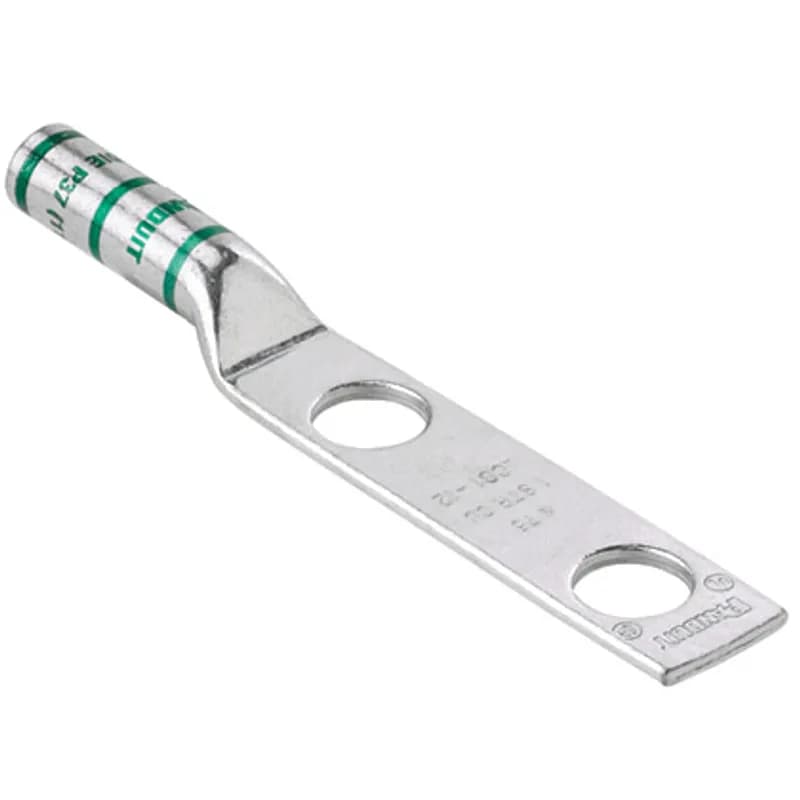 The LCC4-14A-L Tin-Plated Copper Compression Lug, two-hole, long barrel, has color-coded barrels marked with Panduit and specified competitor die index numbers for proper crimp die selection. The long barrel maximizes the number of crimps and provides premium wire pull-out strength and performance. The generously beveled wire entry prevents bent back strands when inserting the conductor into the barrel. UL Listed and CSA Certified.