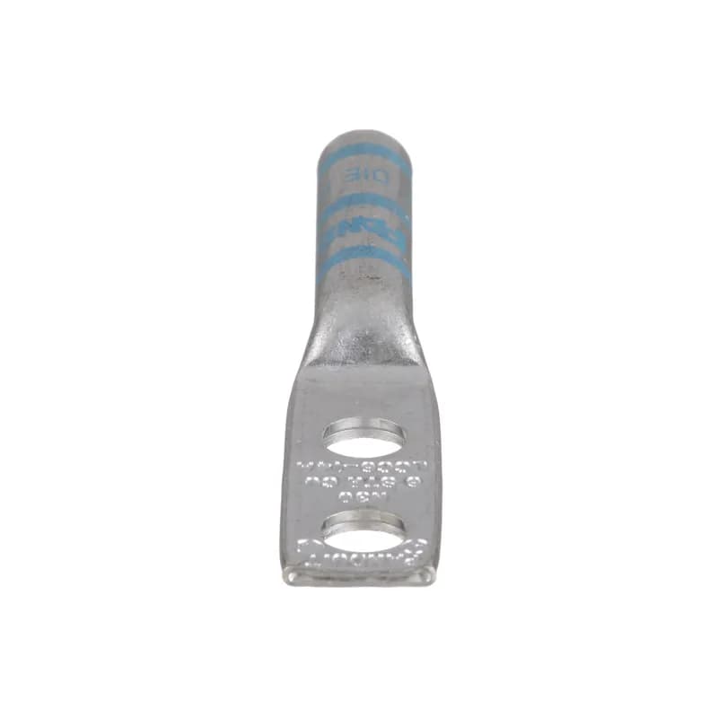 The LCC6-14A-L Tin-Plated Copper Compression Lug, two-hole, long barrel, has color-coded barrels marked with Panduit and specified competitor die index numbers for proper crimp die selection. The long barrel maximizes the number of crimps and provides premium wire pull-out strength and performance. The generously beveled wire entry prevents bent back strands when inserting the conductor into the barrel. UL Listed and CSA Certified.
