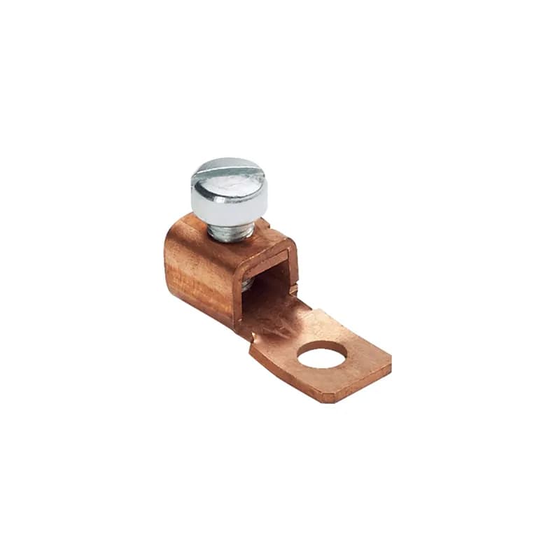 One-hole, copper, single barrel, straight fixed tongue, tin-plated lug, #14 - #6 AWG, 3/16 (4.8mm) stud hole.