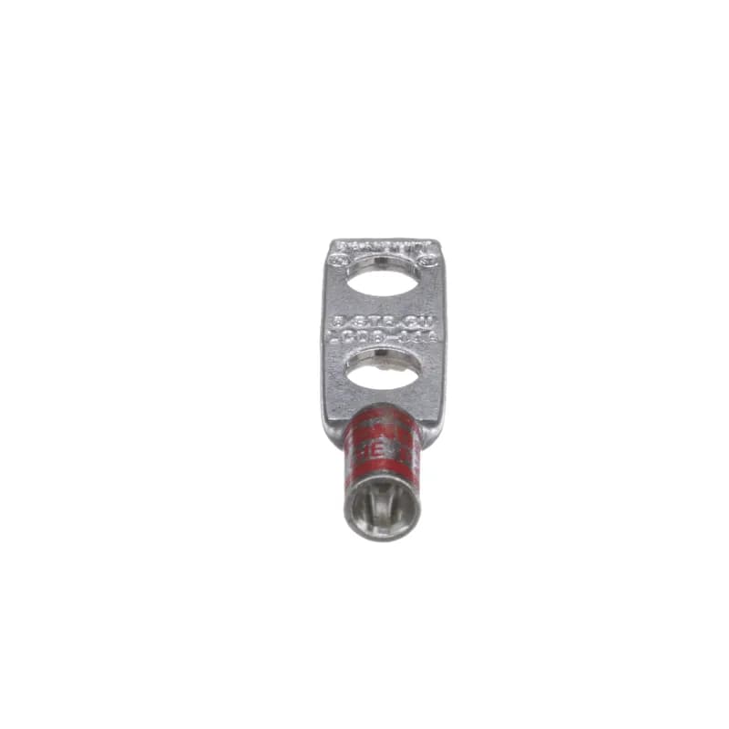 The LCD8-14A-L Tin-Plated Copper Compression Connector Lug, two-hole, standard barrel, has color-coded barrels marked with Panduit and specified competitor die index numbers for proper crimp die selection. An inspection window aids to visually assure full conductor insertion, and the tin-plate material helps to inhibit corrosion. UL Listed and CSA Certified.