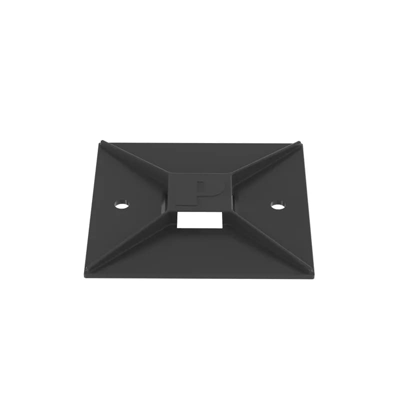 Panduit s ABM3H-AT-T0 4-way acrylic-based adhesive backed cable tie mounts have been designed for fast installation and long-term performance and reliability. They are made of Weather Resistant Nylon 6.6 and can be used with miniature, intermediate, standard, light-heavy, heavy, and hook and loop mount cable ties. These mounts are designed for outdoor, high-temperature environments. They are 1.5" x 1.5" (38.1mm x 38.1mm), supplied in strips of 2, are black in color and come in packages of 200.