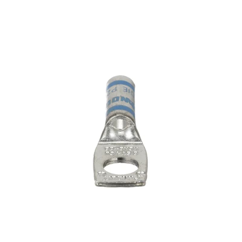 The LCA6-56-L Tin-Plated Copper Compression Lug, one-hole, standard barrel, has color-coded barrels marked with Panduit and specified competitor die index numbers for proper crimp die selection. An inspection window aids to visually assure full conductor insertion, and the tin-plate material helps to inhibit corrosion. UL Listed and CSA Certified to 35 KV and temperature rated to 90 C.