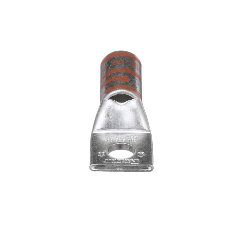 The LCA3/0-38-X Tin-Plated Copper Compression Lug, one-hole, standard barrel, has color-coded barrels marked with Panduit and specified competitor die index numbers for proper crimp die selection. An inspection window aids to visually assure full conductor insertion, and the tin-plate material helps to inhibit corrosion. UL Listed and CSA Certified to 35 KV and temperature rated to 90 C