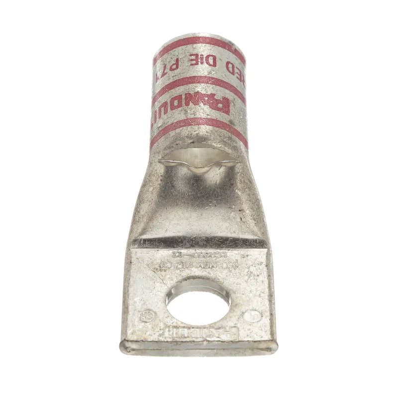 The LCA350-12-X Tin-Plated Copper Compression Lug, one-hole, standard barrel, has color-coded barrels marked with Panduit and specified competitor die index numbers for proper crimp die selection. An inspection window aids to visually assure full conductor insertion, and the tin-plate material helps to inhibit corrosion. UL Listed and CSA Certified to 35 KV and temperature rated to 90 C.