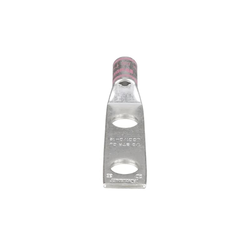 Two-hole, standard barrel lug with window, 1/0 AWG wire, 1/2 stud hole, 1.75 hole spacing.