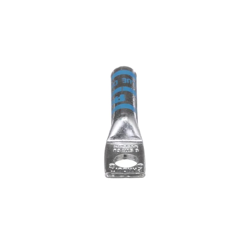 The LCB6-14-L Tin-Plated Copper Compression Lug, one-hole, long barrel, has color-coded barrels marked with Panduit and specified competitor die index numbers for proper crimp die selection. The long barrel maximizes the number of crimps and provides premium wire pull-out strength and performance. The generously beveled wire entry prevents bent back strands when inserting the conductor into the barrel. UL Listed and CSA Certified.