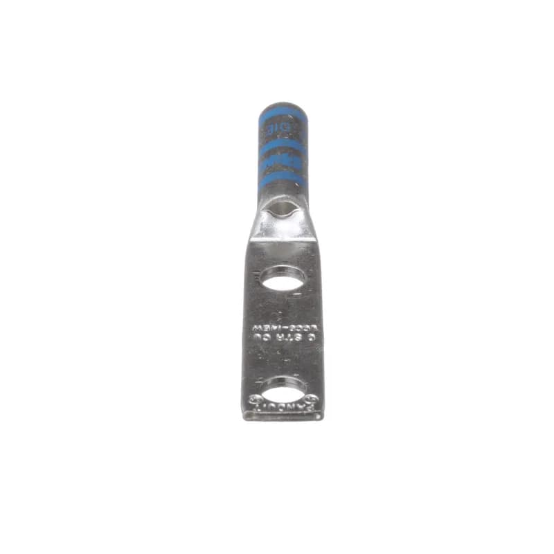 Two-hole, long barrel lug with window, #6 AWG wire, 1/4 stud hole, 1.25 hole spacing.