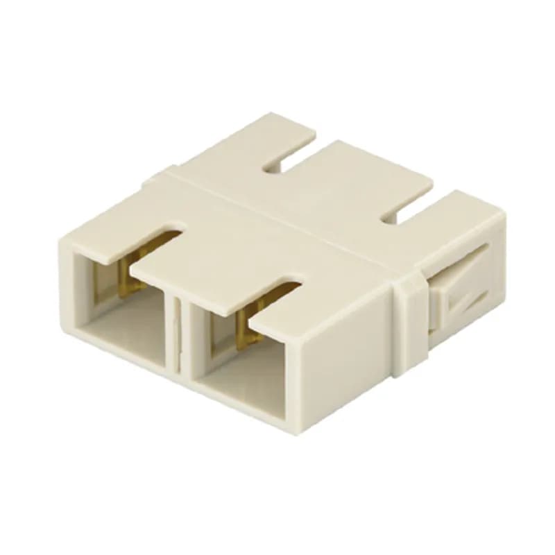 The SC simplex adapter connects two SC connector pairs in one module space and features a blue, singlemode fiber adapter and has zirconia split sleeves. This part (ending in -L) is a pack of 50 adapters.