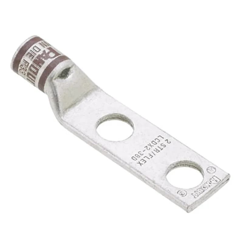 Two-hole, flex lug, 1/0 AWG wire, 3/8 stud hole, 1 hole spacing.