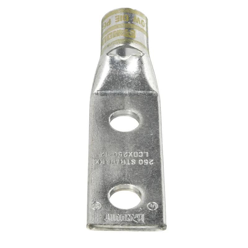 Two-hole, flex lug, 250 kcmil cable, 1/2 stud hole, 1.75 hole spacing.
