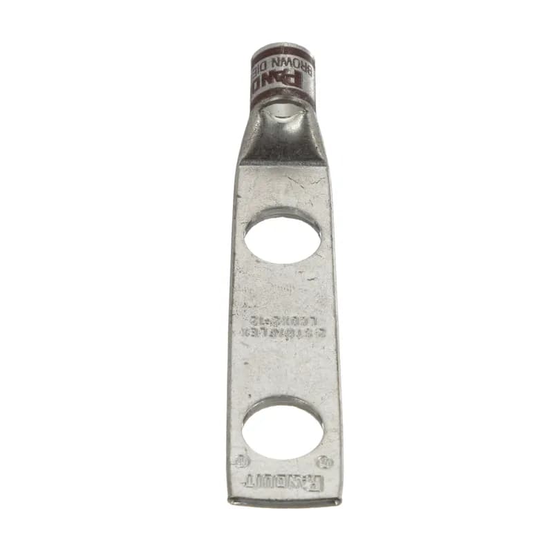 Two-hole, flex lug, #2 AWG wire, 1/2 stud hole, 1.75 hole spacing.