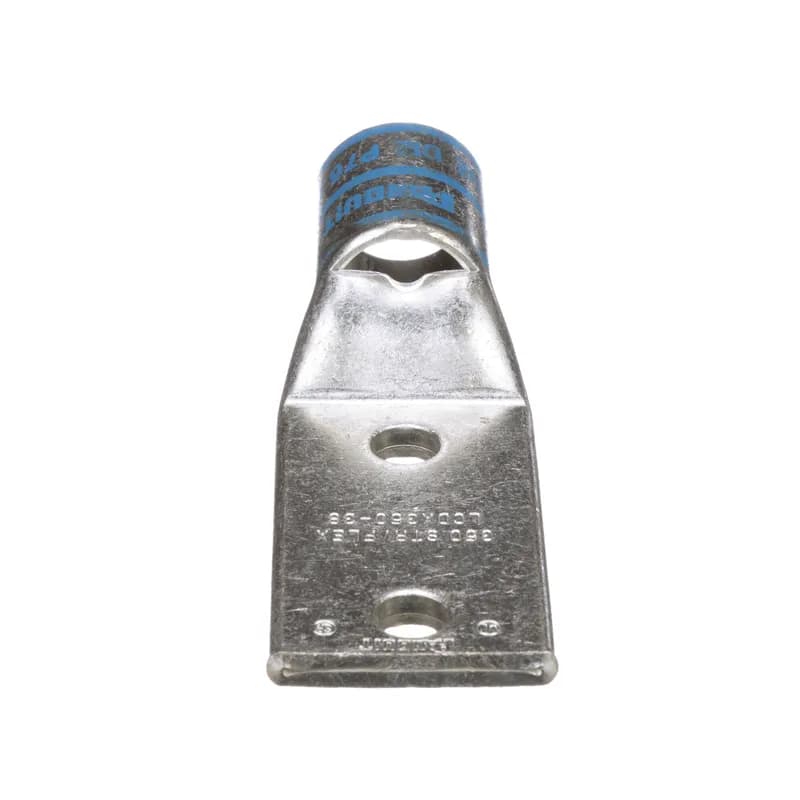 Two-hole, flex lug, 350 kcmil cable, 3/8 stud hole, 1.75 hole spacing.