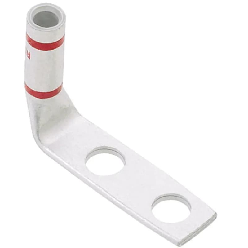 Two-hole, flex lug, long barrel, 2/0 AWG wire, 3/8 stud hole, 1 hole spacing, 90 angle tongue.