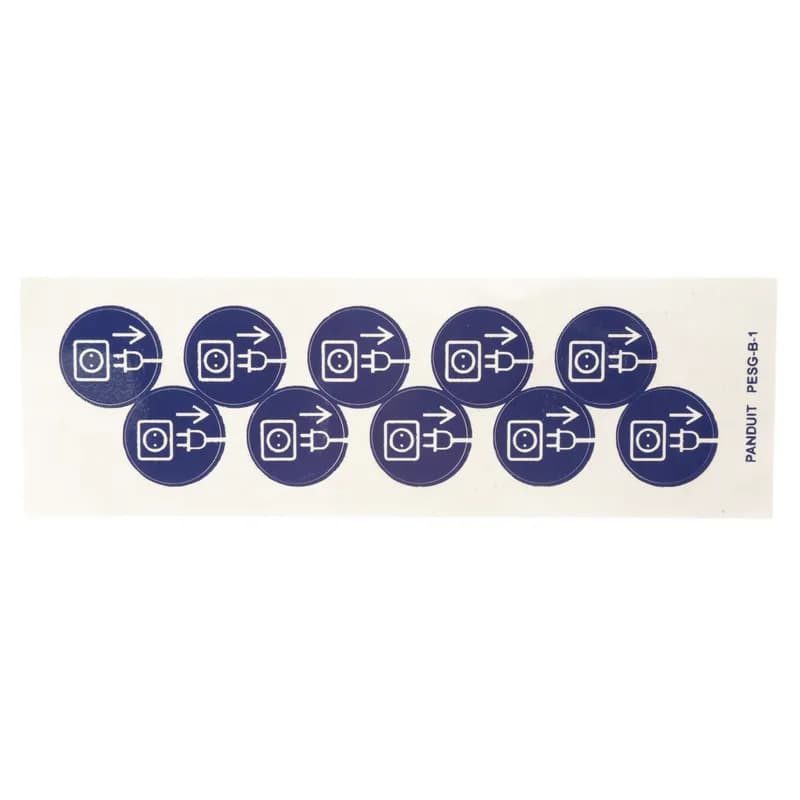 ISO pictogram, 0.98" (25.0mm) marker diameter, unplug equipment before opening symbol, vinyl adhesive, white/blue, 10 marker/card, 10 cards/package.