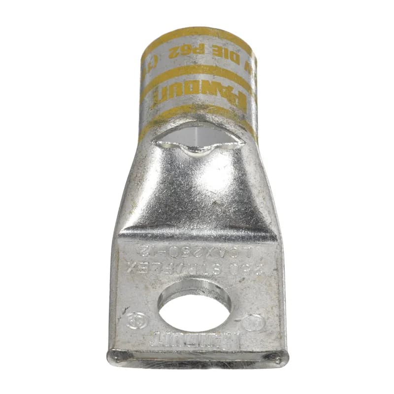 The LCAX250-12-X Tin-Plated Copper Compression Lug, one-hole, standard barrel, has color-coded barrels marked with Panduit and specified competitor die index numbers for proper crimp die selection. An inspection window aids to visually assure full conductor insertion, and the tin-plate material helps to inhibit corrosion. UL Listed and CSA Certified to 35 KV and temperature rated to 90 C.