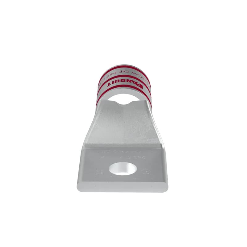 The LCAX250-38-X Tin-Plated Copper Compression Lug, one-hole, standard barrel, has color-coded barrels marked with Panduit and specified competitor die index numbers for proper crimp die selection. An inspection window aids to visually assure full conductor insertion, and the tin-plate material helps to inhibit corrosion. UL Listed and CSA Certified to 35 KV and temperature rated to 90 C.