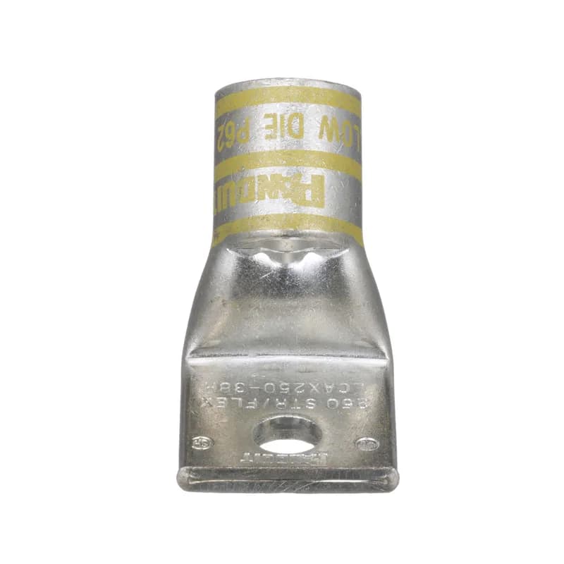 One-hole, flex lug, 250 kcmil cable, 3/8 stud hole, 45 angle tongue.