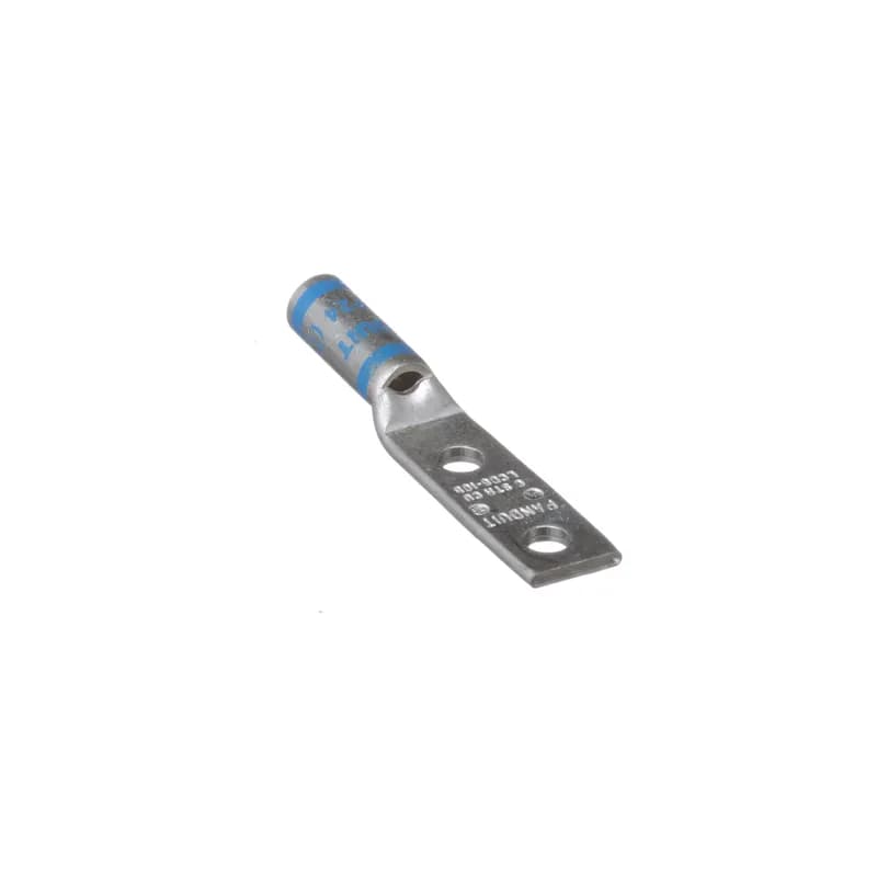 Panduit LCD6-10B-L - Two-hole, standard barrel lug with window, #6 AWG wire, #10 stud hole, .75 hole spacing.