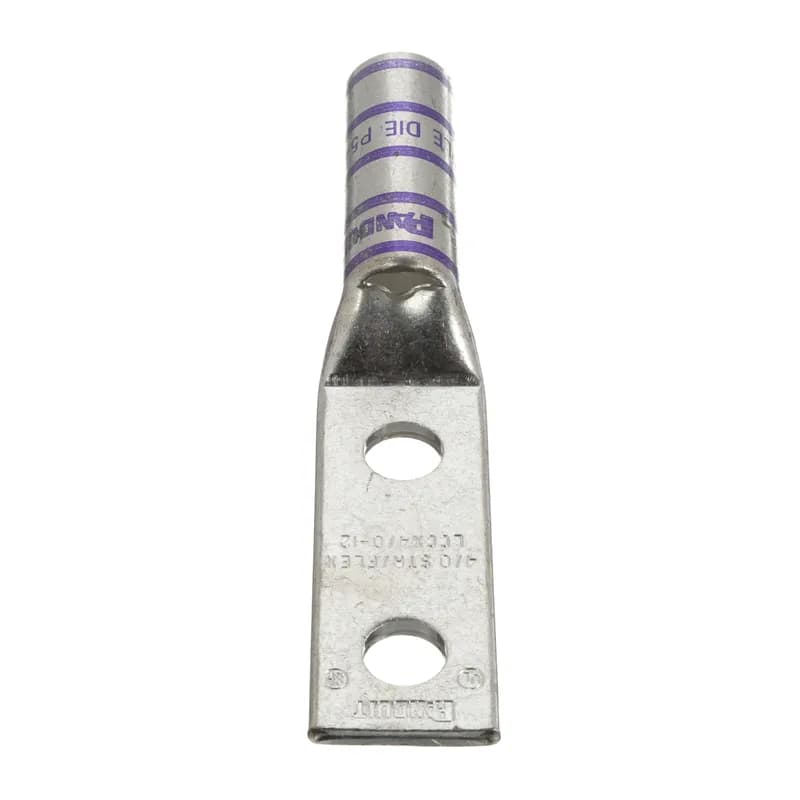 The LCCX4/0-12-X Tin-Plated Copper Compression Lug, two-hole, long barrel, has color-coded barrels marked with Panduit and specified competitor die index numbers for proper crimp die selection. The long barrel maximizes the number of crimps and provides premium wire pull-out strength and performance. The generously beveled wire entry prevents bent back strands when inserting the conductor into the barrel. UL Listed and CSA Certified.
