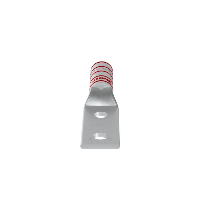 The LCCX300-12-6 Tin Plated Copper Compression Lug, two-hole, long barrel, has color-coded barrels marked with Panduit and specified competitor die index numbers for proper crimp die selection. The long barrel maximizes the number of crimps and provides premium wire pull-out strength and performance. The generously beveled wire entry prevents bent back strands when inserting the conductor into the barrel. UL Listed and CSA Certified.