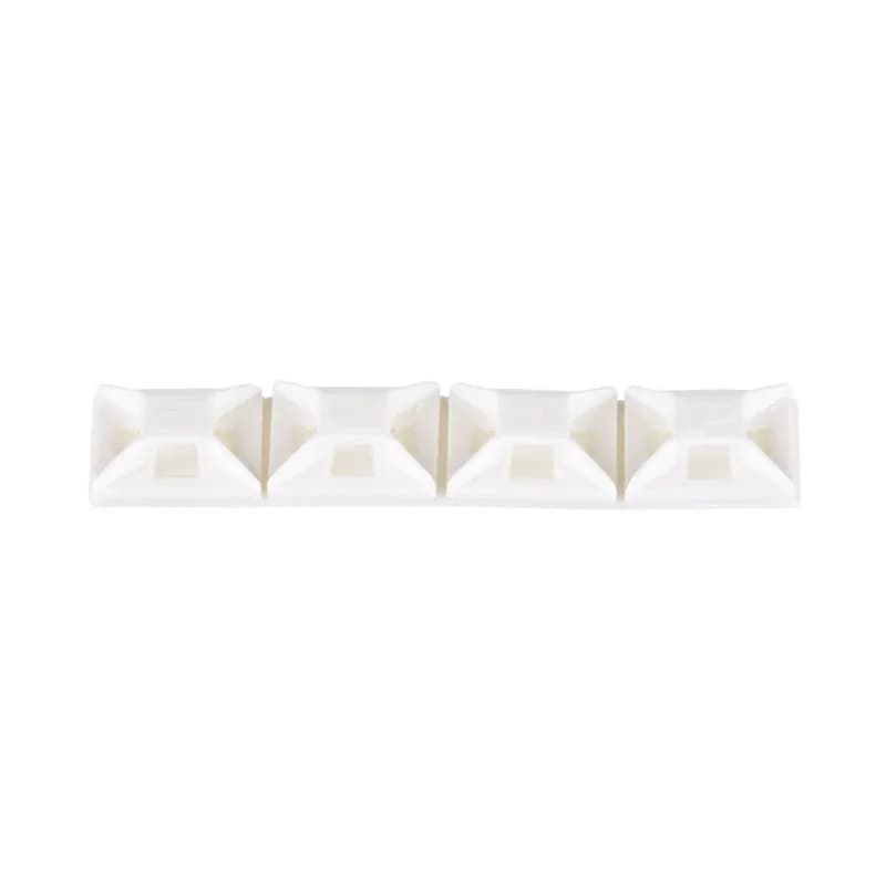 Panduit s ABM1M-AT-M0 4-way acrylic-based adhesive backed cable tie mounts have been designed for fast installation and long-term performance and reliability. They are made of Weather Resistant Nylon 6.6. These mounts can be used with miniature cable ties and are designed for outdoor, high-temperature environments. They are 0.50" x 0.50" (12.7mm x 12.7mm), supplied in strips of 2, are black in color and come in packages of 1000.
