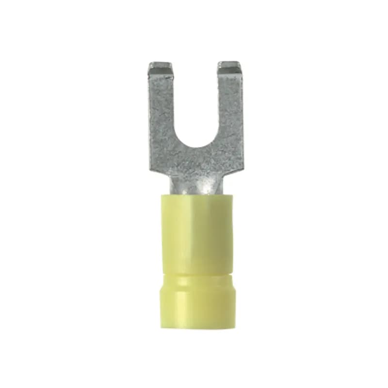Flanged Fork Terminal, vinyl insulated, funnel entry, 14 - 10 AWG, #8 stud size.