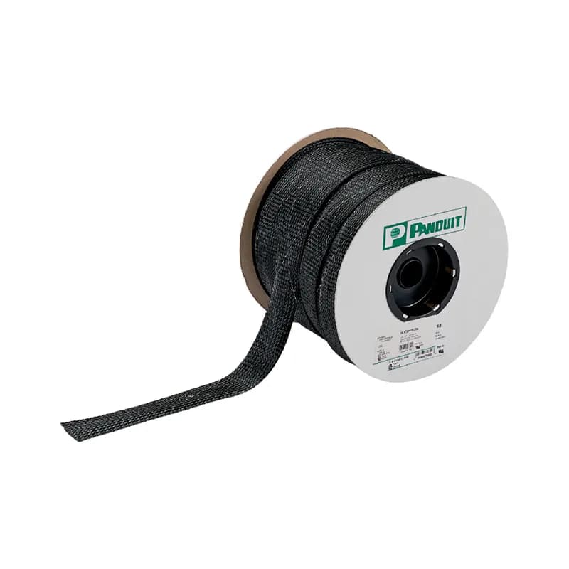 Braided Expandable Sleeving, 1.75" diameter (44.5mm), provides continuous abrasion resistance for wires, cables and tubing. The highly flexible open weave will not trap heat or humidity, black, Flame Retardant, Polyethylene Terephthalate, 200 ft. per reel.