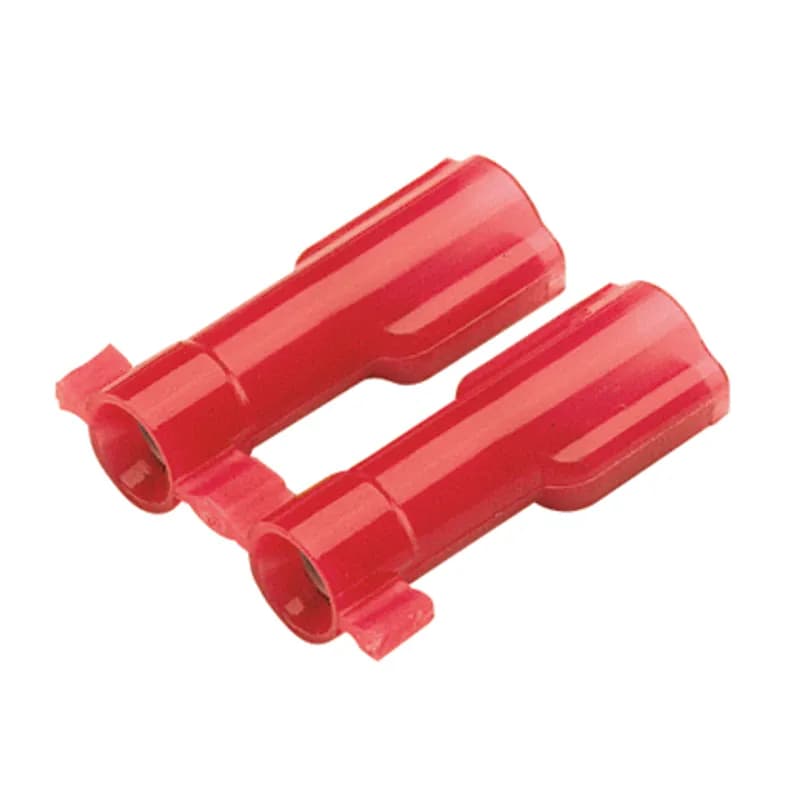 The Supra-Grip female disconnect is made of brass and is tin-plated. It is fully insulated in red nylon. It has a tab size of 0.250 x 0.032 (6.3 x 0.8 mm) and supports a wire range of 22-18 AWG (0.5-1.0 mm ). It is 0.93" (23.6 mm) long and 0.35" (8.9 mm) wide. The disconnect has a double crimp funnel entry barrel configuration and a butted seam barrel with an integrated metal insulation grip. It comes in reels of 3000 pieces.